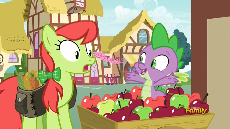 Size: 1920x1080 | Tagged: apple, apple cart, apple family member, carrot, derpibooru import, discovery family logo, dragon, food, melon, peachy sweet, ponyville, saddle bag, safe, screencap, spike, surprised, triple threat, vegetables