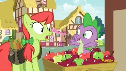 Size: 1920x1080 | Tagged: apple, apple cart, apple family member, carrot, derpibooru import, discovery family logo, dragon, food, melon, peachy sweet, ponyville, saddle bag, safe, screencap, spike, surprised, triple threat, vegetables