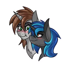 Size: 352x340 | Tagged: safe, artist:derpsonhooves, derpibooru import, oc, oc:homage, oc:littlepip, unofficial characters only, pony, unicorn, fallout equestria, fanfic, blushing, bust, fanfic art, female, fluffy, horn, lesbian, mare, oc x oc, portrait, shipping, simple background, transparent background
