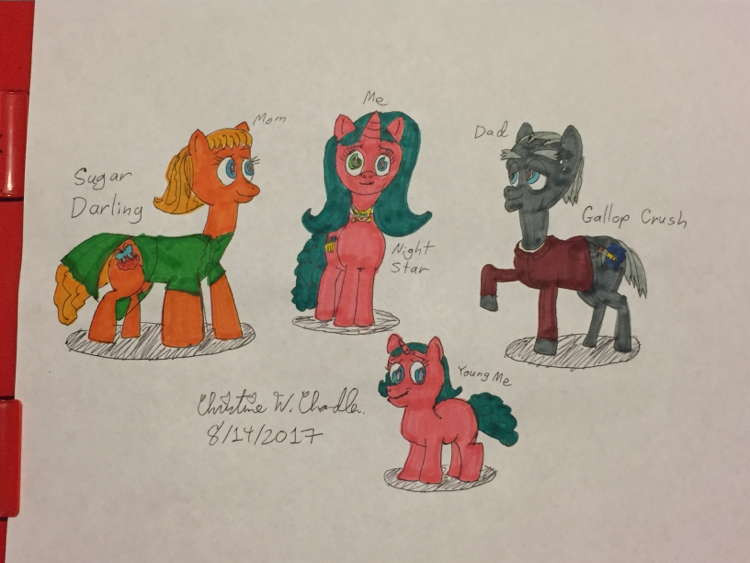 Size: 750x563 | Tagged: safe, artist:chris chan, derpibooru import, oc, oc:gallop chrush, oc:miss night star, oc:sugar darling, unofficial characters only, pony, barb chandler, bob chandler, borb, chris chan, female, filly, hand drawing, traditional art