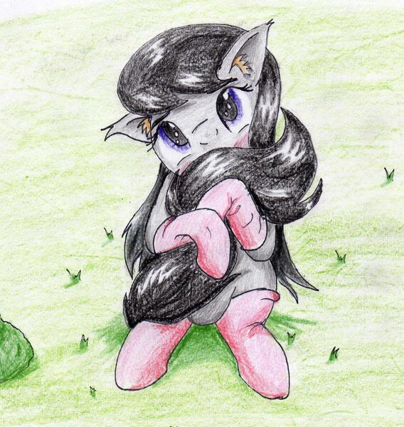 Size: 1906x2013 | Tagged: safe, artist:40kponyguy, derpibooru import, octavia melody, earth pony, pony, blushing, clothes, cute, ear fluff, floppy ears, hug, looking at you, socks, solo, tail hug, tavibetes, traditional art