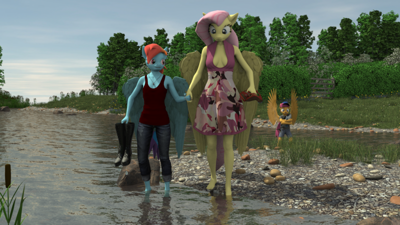 Size: 2200x1238 | Tagged: safe, artist:jawolfadultishart, derpibooru import, fluttershy, rainbow dash, scootaloo, anthro, fish, pegasus, plantigrade anthro, 3d, adopted offspring, barefoot, boots, clothes, daz studio, dress, feet, female, flutterdash, hat, jeans, lesbian, magical lesbian spawn, offspring, pants, parent:fluttershy, parent:rainbow dash, parents:flutterdash, river, sandals, shipping, shoes, shorts, story included, tanktop, toes, two moms, wading