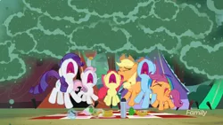 Size: 1920x1080 | Tagged: safe, derpibooru import, screencap, apple bloom, applejack, rainbow dash, rarity, scootaloo, sweetie belle, fly-der, pony, campfire tales, carrot, carrot dog, cutie mark crusaders, food, levitation, magic, nose in the air, predicament, scared, telekinesis, tent, thermos, volumetric mouth, youtube link