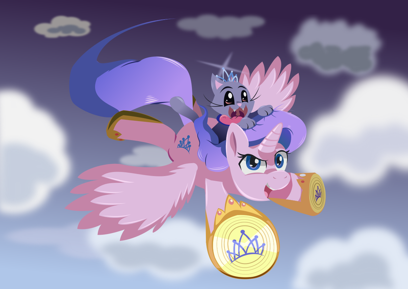 Size: 1201x852 | Tagged: safe, artist:magerblutooth, derpibooru import, diamond tiara, oc, oc:dazzle, alicorn, cat, pony, alicornified, cloud, crown, female, flying, hoof shoes, jewelry, open mouth, race swap, regalia, tiaracorn