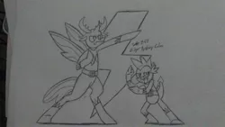 Size: 1280x720 | Tagged: 30 minute art challenge, artist:derpanater, changedling, changeling, clothes, derpibooru import, dragon, king thorax, pose, power suit, safe, spike, thorax, thunderbolt, traditional art
