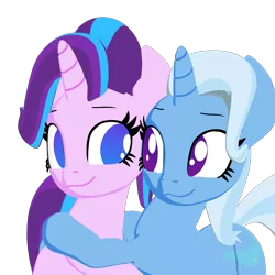 Size: 2160x2160 | Tagged: safe, artist:galawaille, derpibooru import, starlight glimmer, trixie, pony, unicorn, 3d, blender, cel shading, cute, diatrixes, female, glimmerbetes, hug, lesbian, looking at each other, mare, no pupils, shipping, simple background, startrix, transparent background