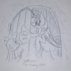 Size: 1440x1440 | Tagged: safe, artist:derpanater, derpibooru import, spike, twilight sparkle, alicorn, dragon, pony, 30 minute art challenge, clever girl, door, female, jurassic park, key, male, mare, movie reference, silly, speech bubble, traditional art