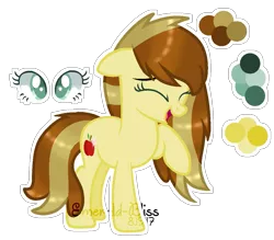 Size: 1111x972 | Tagged: safe, artist:emerald-bliss, derpibooru import, oc, oc:apple bud, unofficial characters only, earth pony, pony, base used, eyes closed, female, laughing, mare, offspring, parent:applejack, parent:caramel, parents:carajack, raised hoof, reference sheet, simple background, solo, transparent background