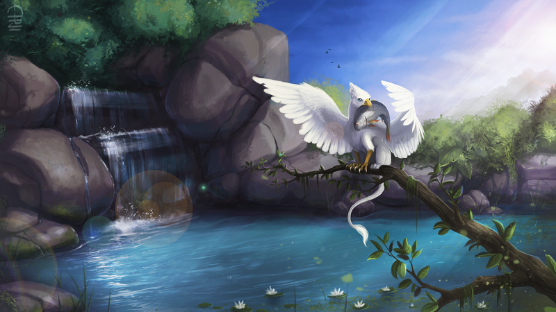 Size: 1920x1080 | Tagged: safe, artist:vampi, derpibooru import, oc, oc:der, unofficial characters only, bird, fish, gryphon, carnivore, cliff, fishing, griffons doing griffon things, image, lake, micro, mouth hold, perching, png, rock, scenery, solo, spread wings, tree branch, waterfall, wings
