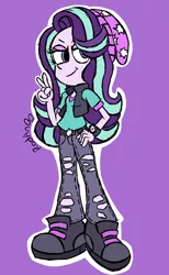Size: 1440x2342 | Tagged: safe, artist:rodan00, derpibooru import, starlight glimmer, equestria girls, mirror magic, spoiler:eqg specials, beanie, clothes, female, hand on hip, hat, no catchlights, pants, peace sign, purple background, ripped pants, shoes, simple background, solo, watch