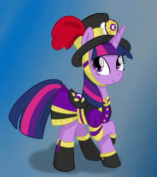 Size: 1092x1230 | Tagged: source needed, safe, artist:yukkuripalehorse, derpibooru import, twilight sparkle, twilight sparkle (alicorn), alicorn, pony, boots, clothes, crossed legs, cute, dress, female, gradient background, hat, lifted leg, looking at you, mare, raised hoof, saddle, shoes, smiling, solo, tack, twiabetes, uniform