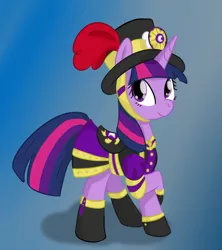 Size: 1092x1230 | Tagged: source needed, safe, artist:yukkuripalehorse, derpibooru import, twilight sparkle, twilight sparkle (alicorn), alicorn, pony, boots, clothes, crossed legs, cute, dress, female, gradient background, hat, lifted leg, looking at you, mare, raised hoof, saddle, shoes, smiling, solo, tack, twiabetes, uniform