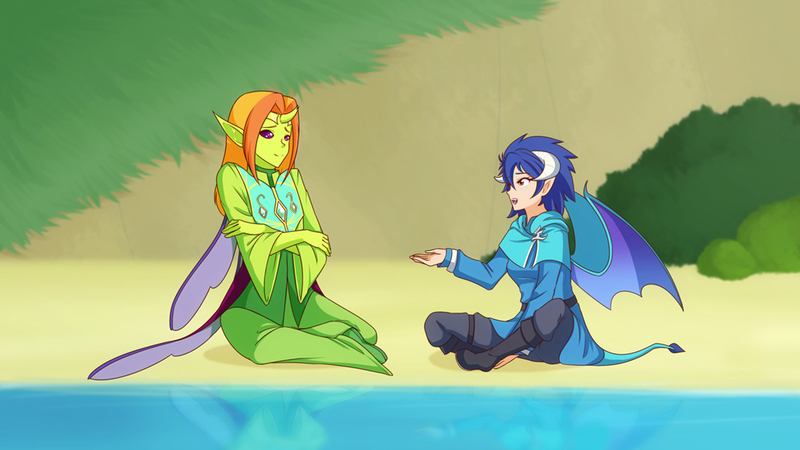 Size: 1280x720 | Tagged: safe, artist:jonfawkes, derpibooru import, princess ember, thorax, changedling, changeling, elf, human, triple threat, androgynous, clothes, elf ears, embrax, female, horned humanization, humanized, interspecies, king thorax, lake, male, open mouth, scene interpretation, shipping, sitting, straight, winged humanization, wings