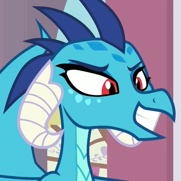 Size: 720x720 | Tagged: animated, attack eyebrows, derpibooru import, dragon, edit, edited screencap, eyebrows, eyebrow wiggle, gif, implying, out of context, princess ember, raised eyebrow, reaction image, safe, screencap, smiling, solo, triple threat, zoomed in