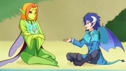 Size: 1280x720 | Tagged: safe, artist:jonfawkes, derpibooru import, princess ember, thorax, changedling, changeling, elf, fairy, human, triple threat, androgynous, crossed legs, dragon lord ember, embrax, female, humanized, king thorax, looking at each other, male, shipping, sitting, smiling, straight, zoomed in