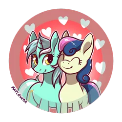 Size: 1024x1024 | Tagged: safe, artist:ratlovera, derpibooru import, bon bon, lyra heartstrings, sweetie drops, earth pony, pony, unicorn, best friends, button design, female, heart, lesbian, lyrabon, mare, shipping, smiling