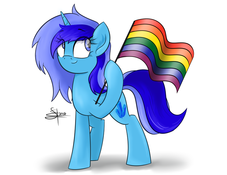 Size: 5420x4200 | Tagged: safe, artist:airfly-pony, derpibooru import, oc, oc:spacelight, unofficial characters only, pony, unicorn, absurd resolution, female, flag, gay pride, gay pride flag, hoof hold, looking back, mare, pride, pride flag, rcf community, signature, simple background, smiling, solo, white background