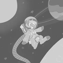 Size: 1100x1100 | Tagged: safe, artist:grim ponka, derpibooru import, lyra heartstrings, pony, unicorn, astronaut, atg 2017, grayscale, monochrome, newbie artist training grounds, planet, smiling, solo, space, spacesuit