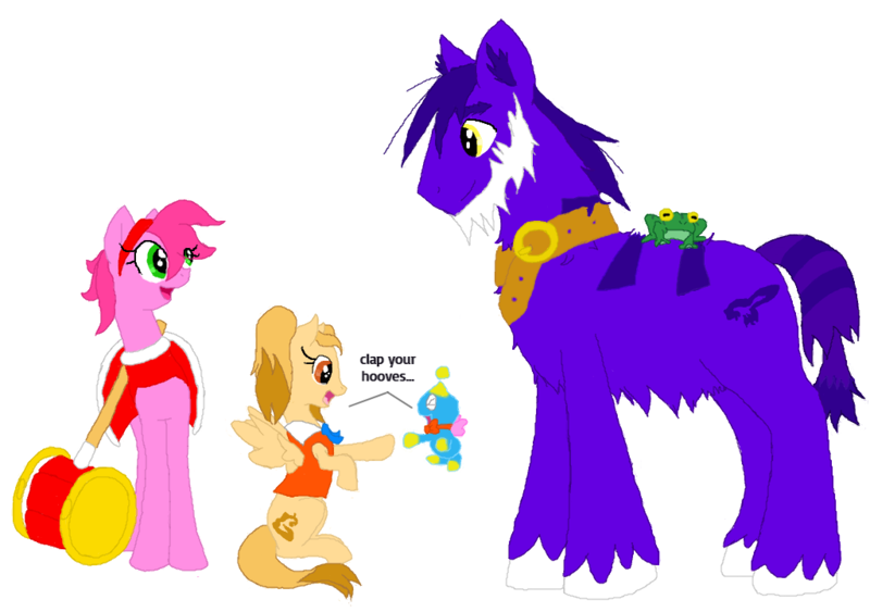 Size: 1024x721 | Tagged: safe, artist:spqr21, derpibooru import, ponified, chao, frog, pony, amy rose, cheese chao, crossover, deviantart muro, froggy, piko piko hammer, simple background, sonic the hedgehog (series), transparent background