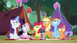 Size: 1280x720 | Tagged: safe, derpibooru import, screencap, apple bloom, applejack, rainbow dash, rarity, scootaloo, sweetie belle, fly, pony, campfire tales, camping, carrot, carrot dog, cutie mark crusaders, discovery family logo, food, forest, lantern, looking up, magic, picnic, picnic blanket, sitting, telekinesis, tent, thermos, tree