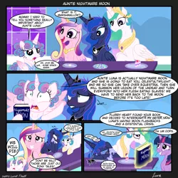 Size: 4823x4823 | Tagged: safe, artist:darkest-lunar-flower, derpibooru import, princess cadance, princess celestia, princess flurry heart, princess luna, twilight sparkle, alicorn, pony, absurd resolution, blushing, book, comic, crying, dialogue, female, filly, grin, levitation, magic, mare, nervous, nervous grin, older, ptsd, smiling, teenage flurry heart, teenager, telekinesis