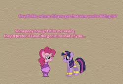 Size: 504x345 | Tagged: safe, artist:verve, derpibooru import, pinkie pie, twilight sparkle, twilight sparkle (alicorn), alicorn, earth pony, genie, pony, ask genie twilight, fame and misfortune, armband, comic, female, headband, horn cap, leg brace, mare, vase, wing jewelry