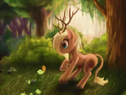 Size: 1600x1200 | Tagged: safe, artist:zetamad, derpibooru import, oc, unofficial characters only, butterfly, deer pony, original species, pony, :o, antlers, cute, eyes on the prize, flower, forest, grass, nature, open mouth, raised hoof, scenery, solo, tree