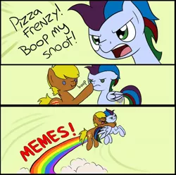 Size: 600x596 | Tagged: safe, artist:bonsia-lucky, derpibooru import, oc, oc:pizza frenzy, oc:thunder clash, unofficial characters only, earth pony, pegasus, pony, boop, grab my meme, meme, offspring, parent:cheese sandwich, parent:pinkie pie, parent:rainbow dash, parent:soarin', parents:cheesepie, parents:soarindash