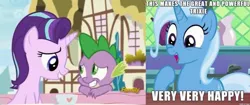 Size: 640x268 | Tagged: safe, artist:titanium-pony, derpibooru import, spike, starlight glimmer, trixie, dragon, pony, unicorn, triple threat, female, glimmerbetes, looking at each other, male, mare, open mouth, screenshots, shipper on deck, shipping, sparlight, straight, the amazing trio of friendship, the great and powerful shipper