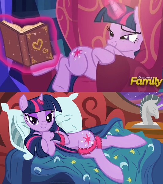 Size: 1705x1920 | Tagged: suggestive, artist:illuminatiums, derpibooru import, edit, edited screencap, screencap, twilight sparkle, twilight sparkle (alicorn), alicorn, pony, triple threat, bedroom, bedroom eyes, book, chair, comparison, discovery family logo, show accurate, solo, that pony sure does love books, that pony sure does love chairs