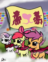 Size: 2550x3300 | Tagged: safe, artist:mrasianhappydude, derpibooru import, apple bloom, scootaloo, sweetie belle, earth pony, pegasus, pony, unicorn, flight to the finish, cape, clothes, cutie mark crusaders, female, filly, flag, hearts as strong as horses, ponyville flag, trio