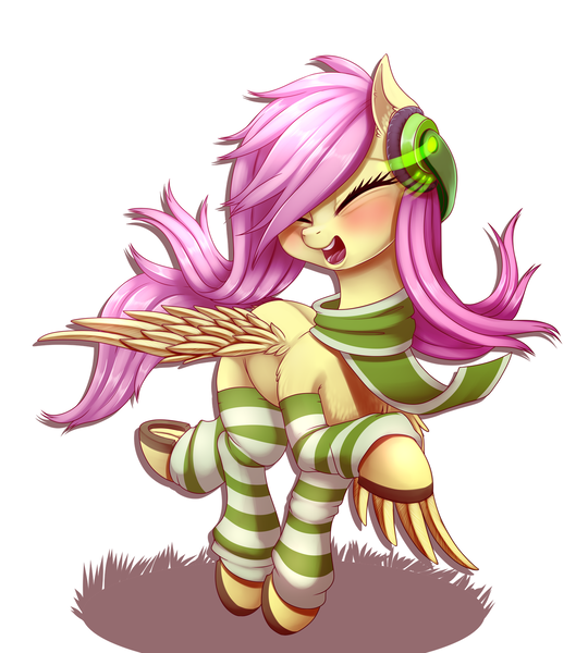Size: 1526x1696 | Tagged: safe, artist:dankflank, derpibooru import, fluttershy, pegasus, pony, blushing, clothes, cute, eyes closed, female, headphones, horseshoes, leg warmers, mare, open mouth, scarf, shyabetes, simple background, smiling, socks, solo, striped socks, underhoof