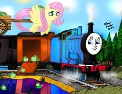 Size: 2171x1676 | Tagged: safe, artist:meganekkoplymouth241, artist:vectorshy, derpibooru import, fluttershy, frog, pony, crossover, edward, railroad, thomas the tank engine, train