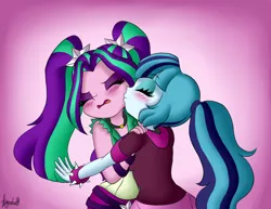 Size: 1024x791 | Tagged: safe, artist:queentigrel, derpibooru import, aria blaze, sonata dusk, equestria girls, arisona, female, kiss on the cheek, kissing, lesbian, shipping, tsundaria, tsundere