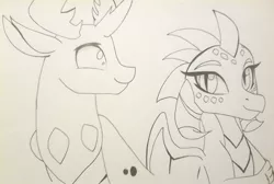 Size: 1023x687 | Tagged: safe, artist:evergreen-gemdust, derpibooru import, princess ember, thorax, changedling, changeling, dragon, triple threat, embrax, female, interspecies, king thorax, male, monochrome, shipping, straight, traditional art