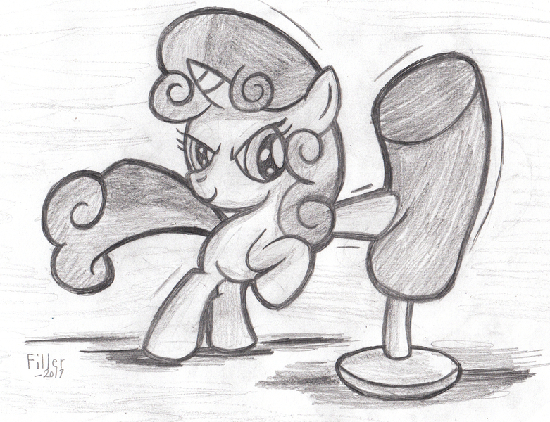 Size: 2144x1648 | Tagged: safe, artist:fillerartist, derpibooru import, sweetie belle, pony, blank flank, boxing, monochrome, punching bag, signature, sketch, solo, traditional art