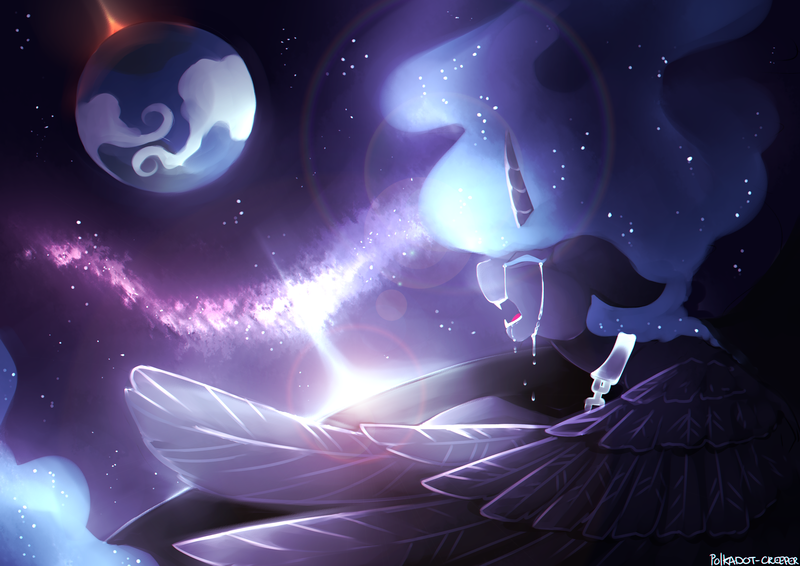 Size: 4092x2893 | Tagged: safe, artist:polkadot-creeper, derpibooru import, princess luna, alicorn, pony, lullaby for a princess, banishment, chains, collar, crying, eyes closed, female, floppy ears, mare, moon, open mouth, sharp teeth, solo, space, spread wings, stars, teeth, wings