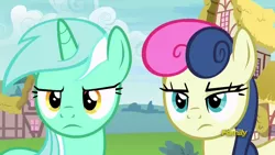 Size: 1920x1080 | Tagged: safe, derpibooru import, screencap, bon bon, lyra heartstrings, sweetie drops, earth pony, pony, unicorn, triple threat, bon bon is not amused, discovery family logo, duo, duo female, female, lyra is not amused, unamused