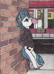 Size: 946x1288 | Tagged: safe, artist:thrashman, derpibooru import, vinyl scratch, pony, bricks, bubblegum, clothes, food, gum, jacket, leather jacket, pizza parlor, road, sidewalk