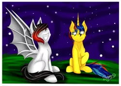 Size: 4960x3508 | Tagged: safe, artist:shamy-crist, derpibooru import, oc, unofficial characters only, bat pony, pony, unicorn, high res, male, night, raised hoof, sitting, stallion