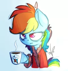 Size: 1200x1250 | Tagged: safe, artist:shinodage, derpibooru import, rainbow dash, pony, bags under eyes, clothes, coffee, morning ponies, robe, sleepy, solo