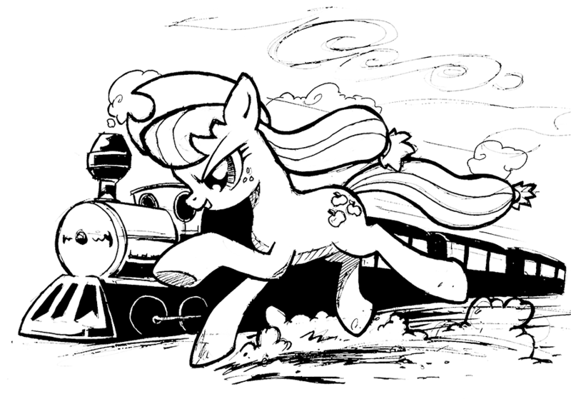 Size: 900x629 | Tagged: safe, artist:yewdee, derpibooru import, applejack, earth pony, pony, atg 2017, black and white, female, grayscale, mare, monochrome, newbie artist training grounds, running, solo, train