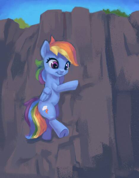 Size: 1250x1600 | Tagged: safe, artist:egn, derpibooru import, rainbow dash, pony, atg 2017, cliff, climbing, equestria daily exclusive, folded wings, newbie artist training grounds, solo