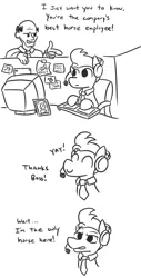 Size: 510x1005 | Tagged: safe, artist:jargon scott, derpibooru import, oc, oc:horsey husband, oc:human wifey, unofficial characters only, earth pony, human, pony, black and white, boss, comic, cubicle, dialogue, grayscale, headphones, headset, keyboard, monochrome, necktie, realization, simple background, white background