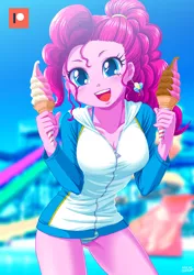 Size: 707x1000 | Tagged: safe, artist:uotapo, derpibooru import, pinkie pie, equestria girls, bikini, breasts, cleavage, clothes, cute, diapinkes, ear piercing, earring, female, food, ice cream, ice cream cone, jewelry, looking at you, patreon, patreon logo, piercing, smiling, soft serve, solo, swimsuit, underass, water park