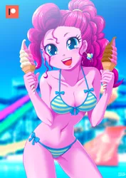 Size: 707x1000 | Tagged: suggestive, alternate version, artist:uotapo, derpibooru import, pinkie pie, equestria girls, belly button, bicolor swimsuit, bikini, bikini babe, blue swimsuit, bow, bow swimsuit, breasts, busty pinkie pie, clothes, ear piercing, earring, female, food, ice cream, ice cream cone, jewelry, looking at you, patreon, patreon logo, piercing, sexy, smiling, soft serve, solo, solo female, string bikini, striped swimsuit, stupid sexy pinkie, swimsuit, underass, water park