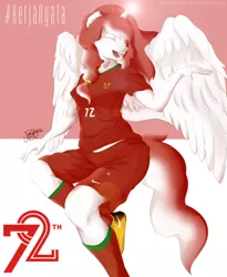 Size: 2300x2800 | Tagged: alicorn, anthro, artist:pwnagespartan, derpibooru import, female, football, football jersey, indonesia, indonesian independence day, oc, oc:indonisty, one eye closed, safe, smiling, solo, unofficial characters only