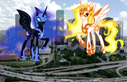 Size: 2500x1613 | Tagged: safe, artist:drakizora, artist:theotterpony, derpibooru import, daybreaker, nightmare moon, pony, city, giantess, highrise ponies, houston, irl, macro, photo, ponies in real life, story included, this will end in pain, xk-class end-of-the-world scenario