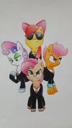 Size: 2322x4128 | Tagged: safe, artist:mustachedbain, derpibooru import, apple bloom, babs seed, scootaloo, sweetie belle, pony, atg 2017, clothes, cutie mark crusaders, female, filly, newbie artist training grounds, suit, sunglasses, traditional art