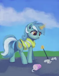 Size: 1172x1500 | Tagged: safe, artist:egn, derpibooru import, lyra heartstrings, pony, unicorn, atg 2017, community service, equestria daily exclusive, magic, newbie artist training grounds, safety vest, solo, telekinesis, trash